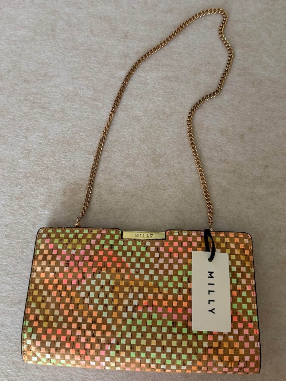 NWT MILLY Multicolor Checker Leather Small Frame Convertible Clutch Shoulder Bag